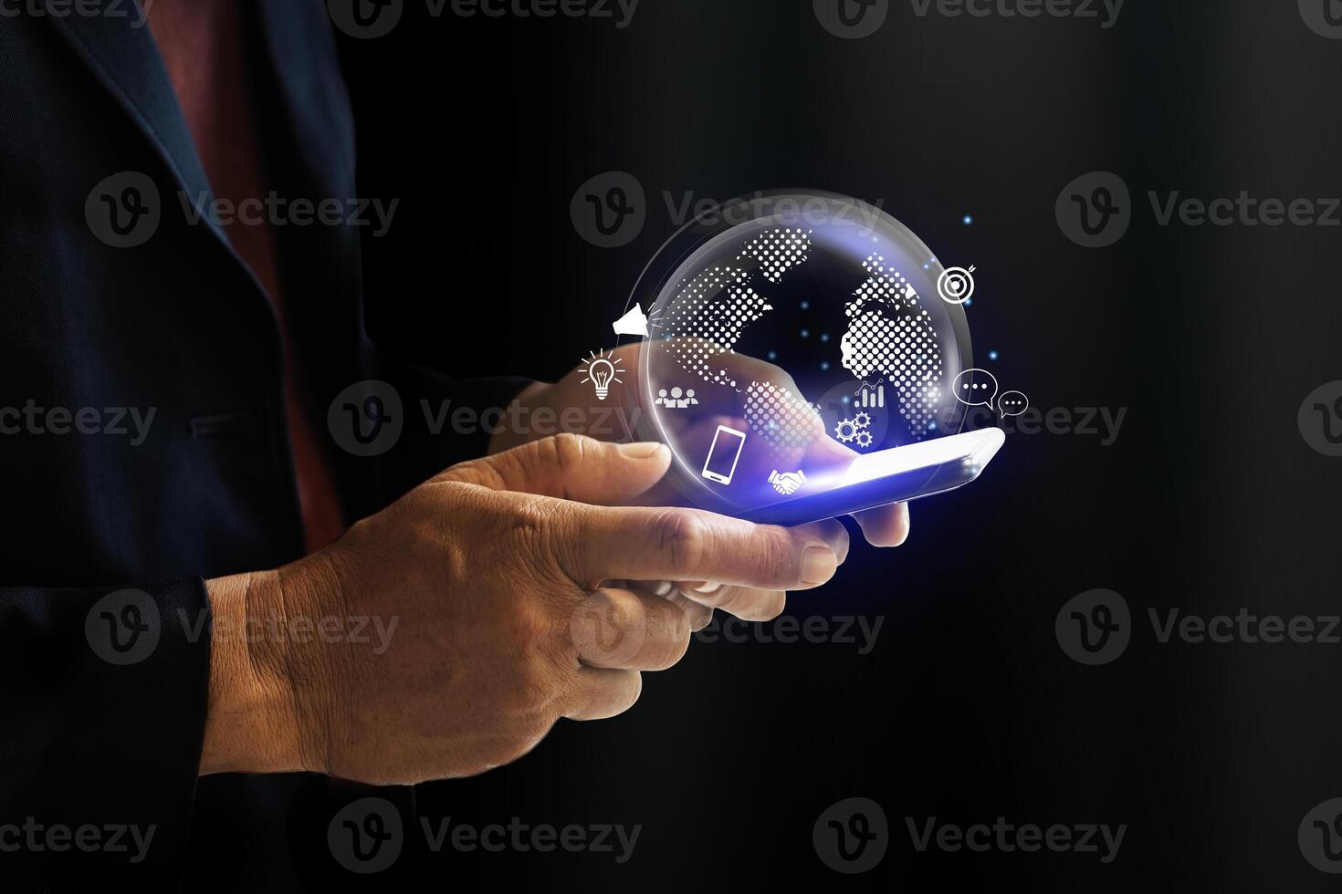 Businessman using mobile smart phone and global internet connection application technology. Digital link tech, big data photo