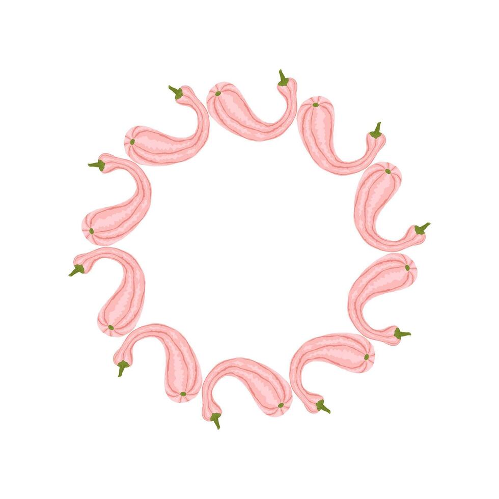 A cute autumn round frame with pink pumpkins. This autumn composition is framed in a wavy frame. The pumpkins are arranged in a circle. illustration on a white background vector