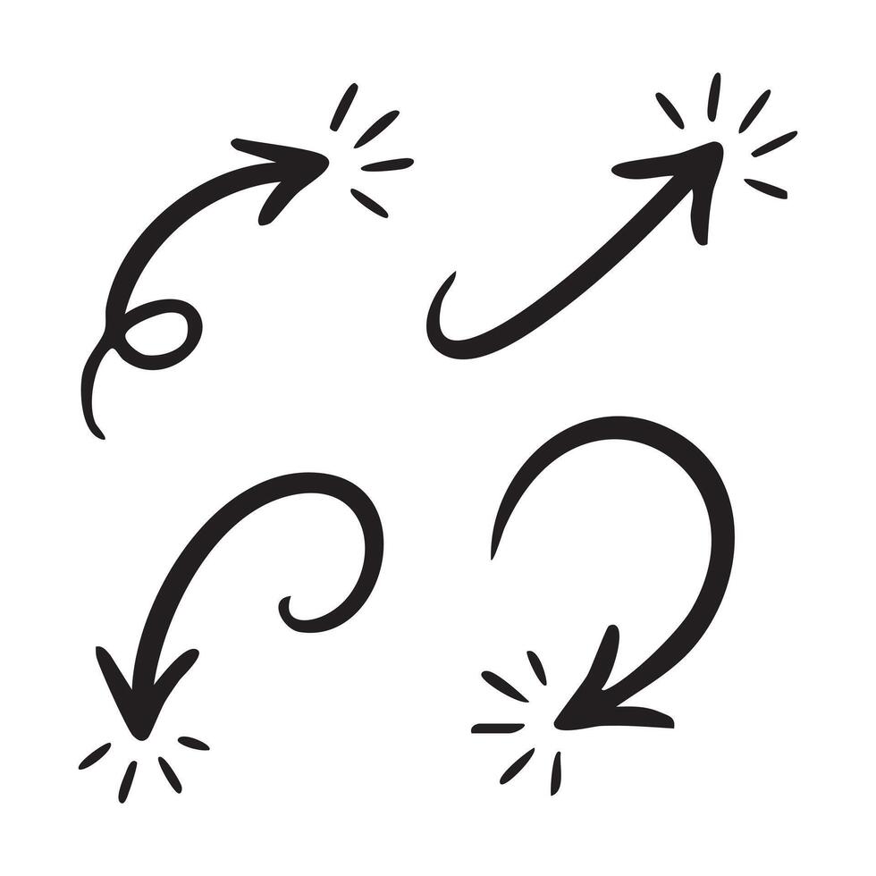 Hand Drawn Arrow Collection Creative Direction and Wayfinding Elements Featuring Curls and Sparkles for Artistic Visual Communication Resources vector