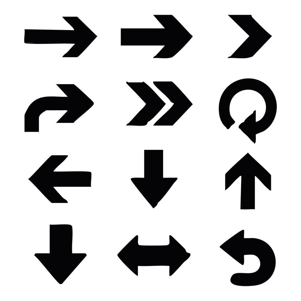 Collection of Directional Arrows Hand Drawn in Various Styles, Representing Navigation, Movement, and Guidance with a Rough, Artistic Touch vector