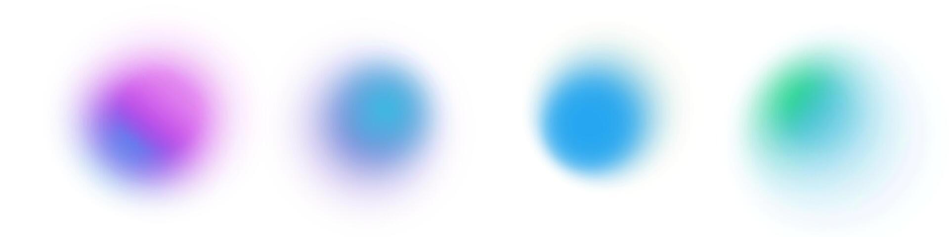 Soft gradient circles with blur and glow effect. Abstract Y2K background in blue green and violet tones. Fluid motion shapes with grainy texture and pastel light aura. vector