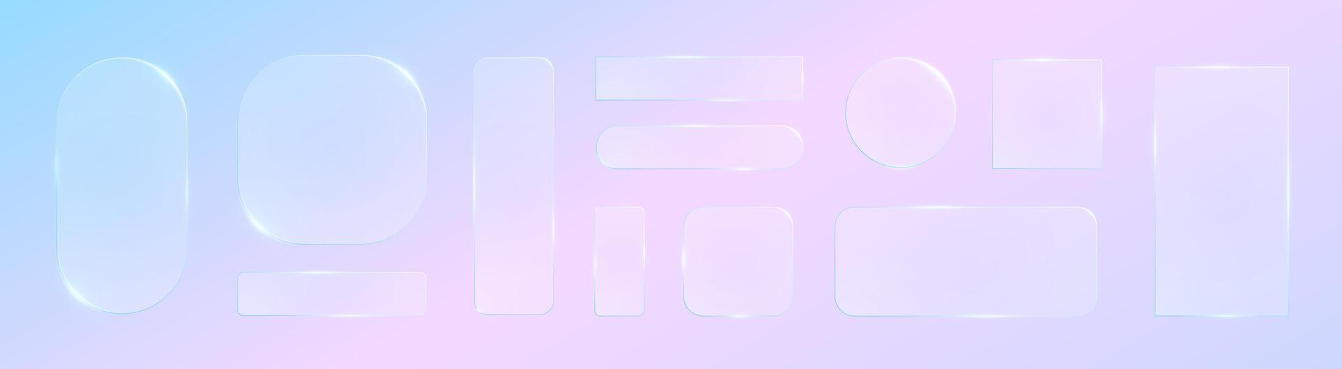 Transparent glassmorphism UI set with glossy 3D buttons and panels. Modern digital glass morphism frame set on background for app or web design. Minimal gradient blur and soft shadow effect. vector