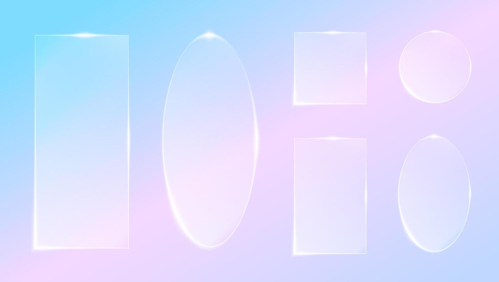 Glossy glassmorphism interface with frosted 3D buttons and panels. Transparent geometric UI glass morphism frame set for app, game or web design. Modern digital blur and light reflection effect vector