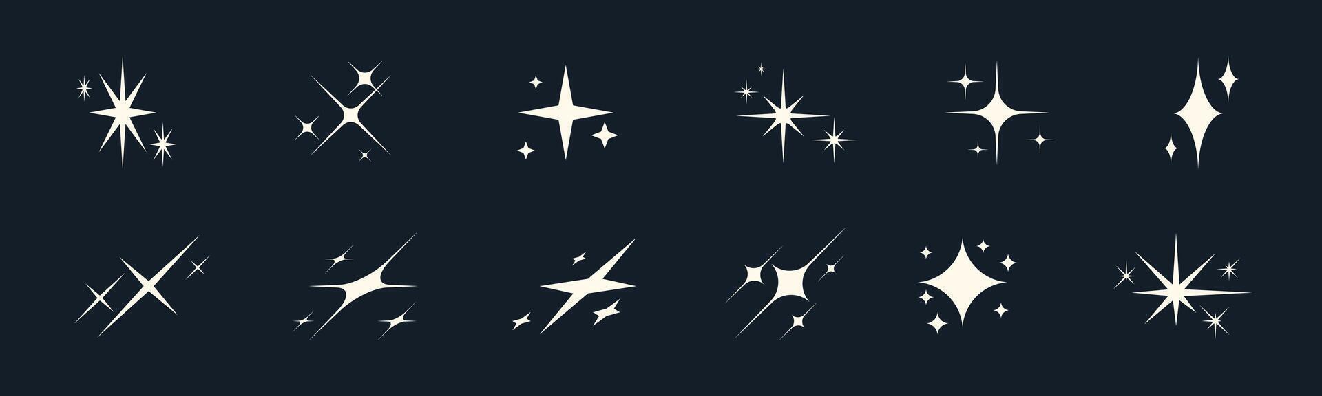 Retro starburst icons with shiny spark and glitter effect. Abstract Y2K set for festive design or logo. Minimal geometric shapes glowing with bright starlight. vector