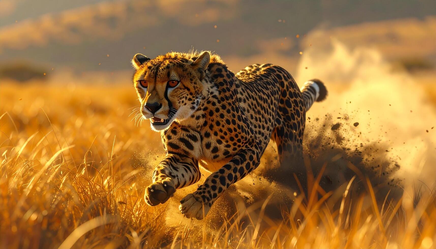 Cheetah in Action Dynamic Running Through Golden Grass Dust Cloud. photo