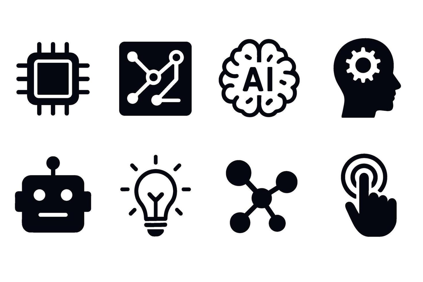 Artificial intelligence and machine learning icon set. black symbols of AI technology vector