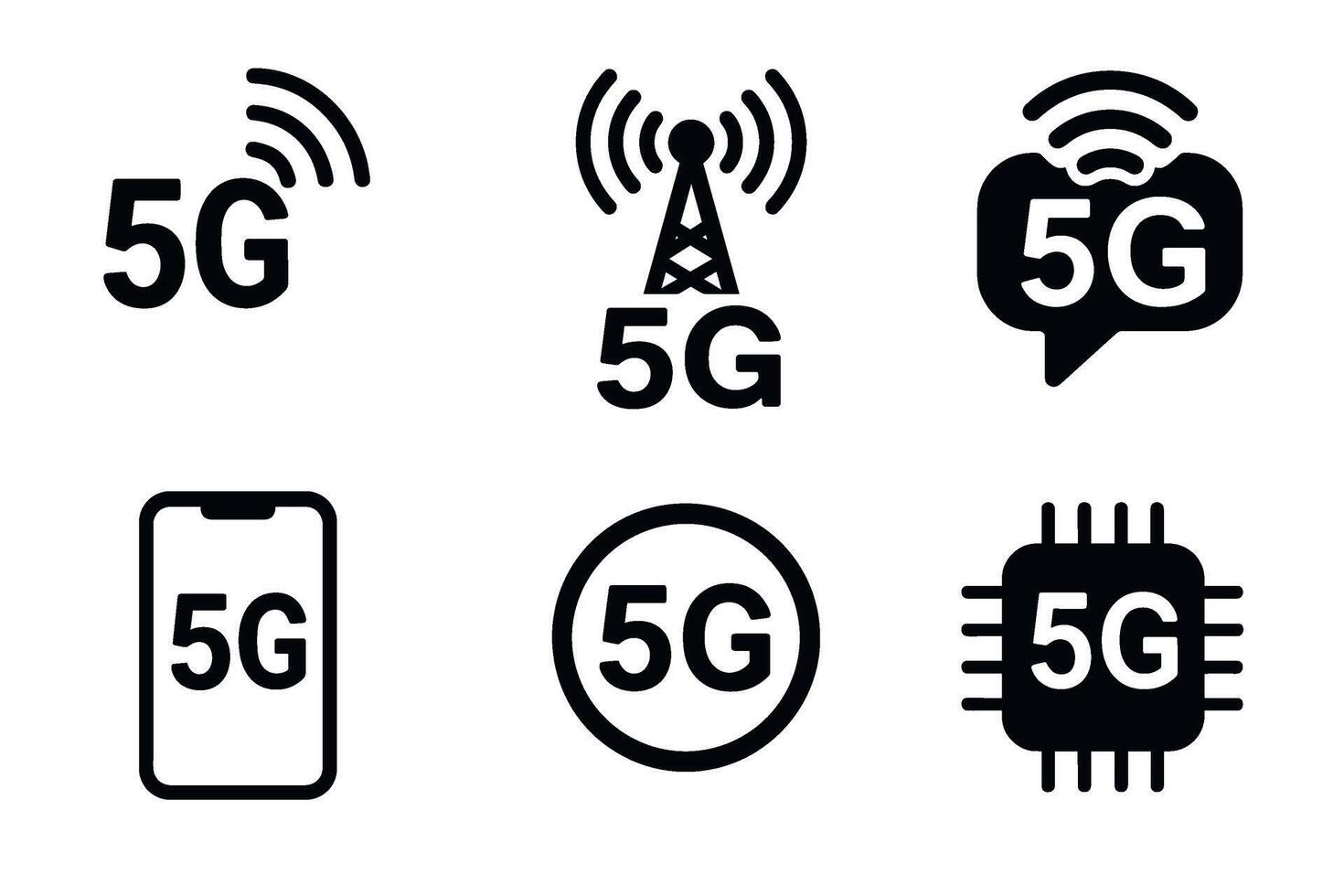 5G network and communication technology icon set. black symbols of high-speed connection vector