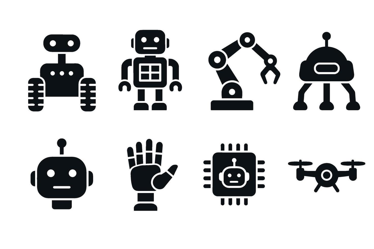 Robot and robotics icon set. black symbols of artificial intelligence and automation vector