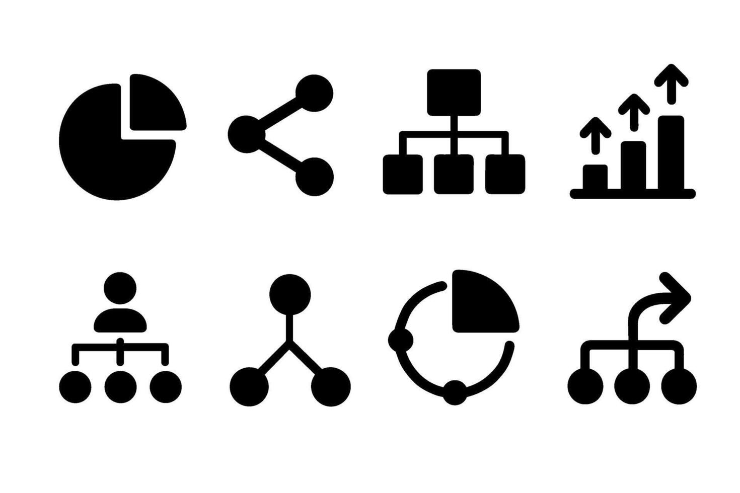 Data structure and chart icon set. black symbols of organization and analytics vector