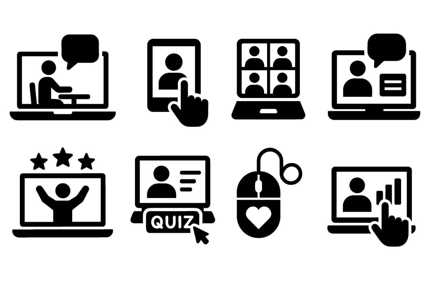 Online learning and e-course icon set. black symbols of virtual classes and webinars vector