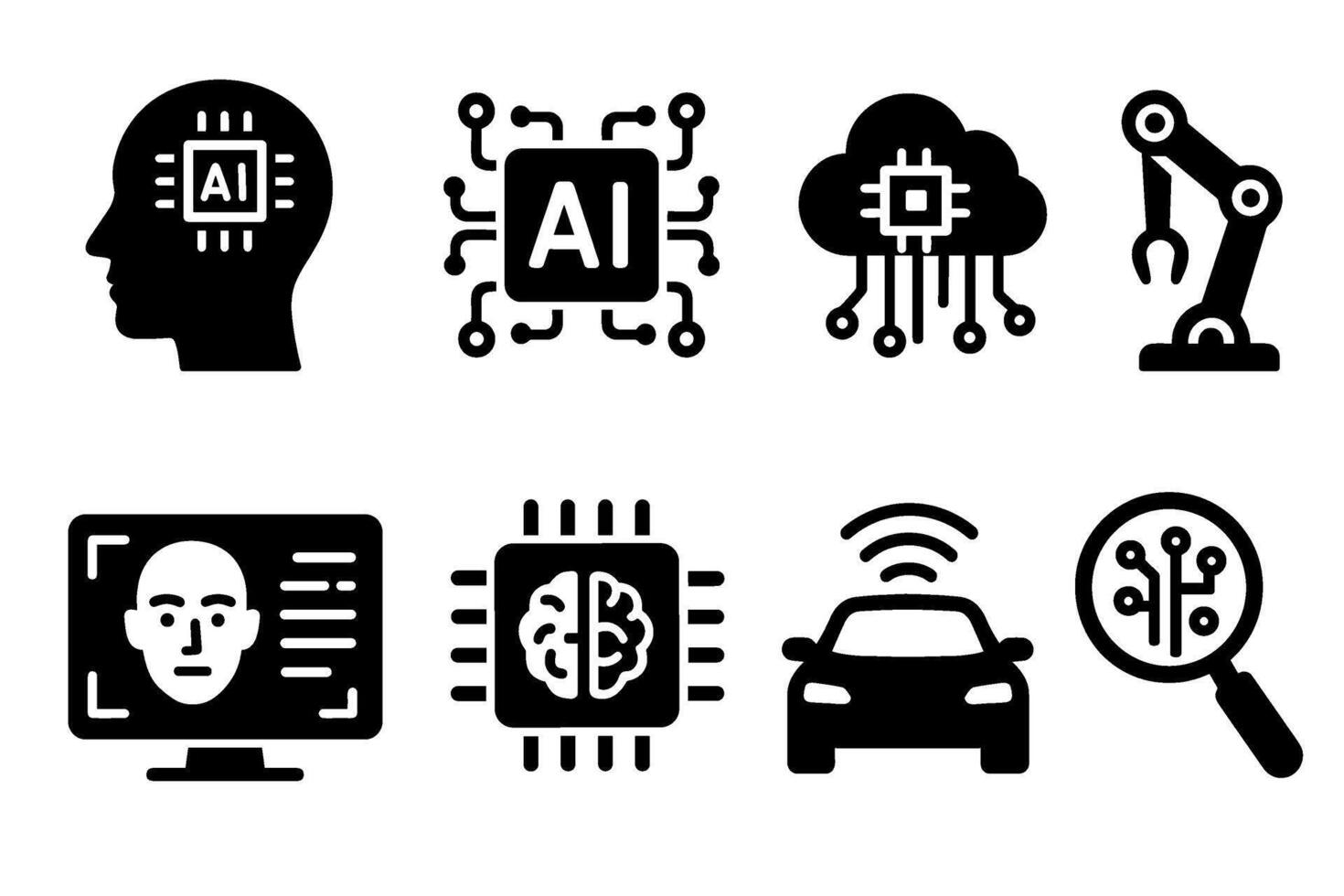 Artificial intelligence AI and robotics icon set. black symbols of machine learning vector