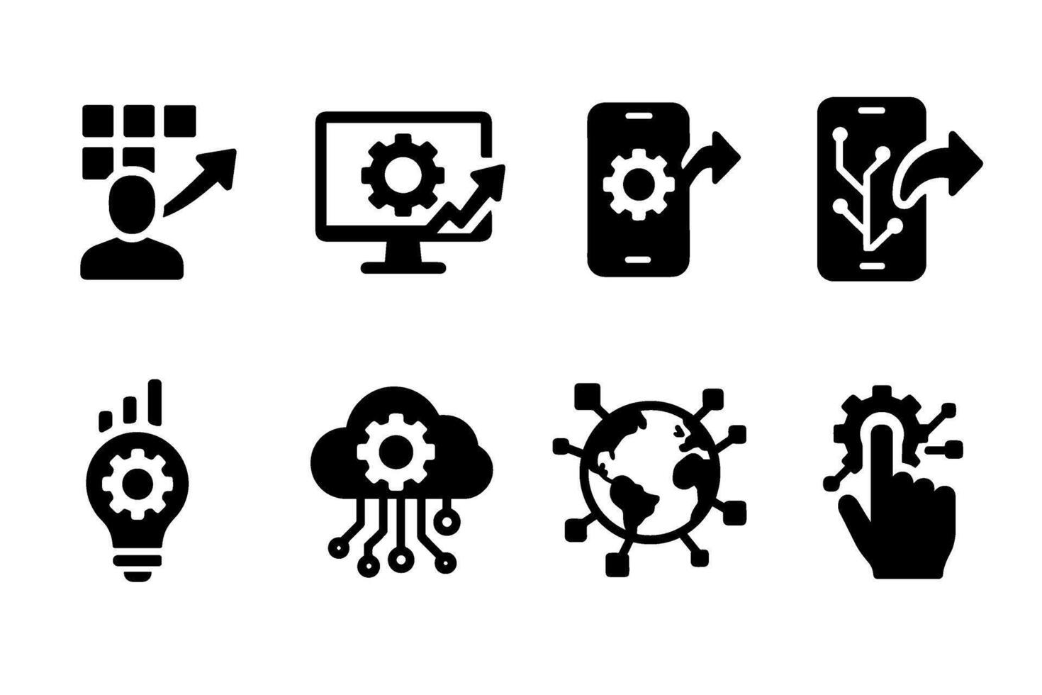 Digital transformation and process automation icon set. black symbols of technology and innovation vector