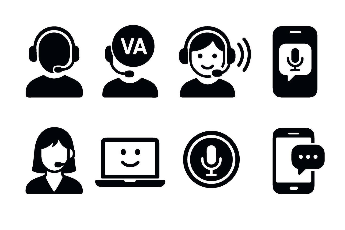 Virtual assistant VA and chatbot icon set. black symbols of customer service and AI vector