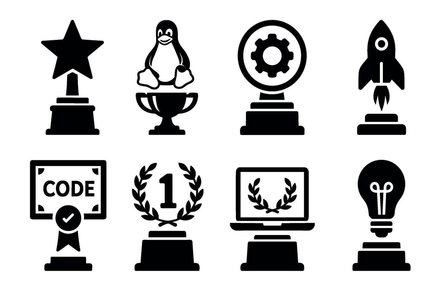 Coding and programming awards icon set. black symbols of developer achievements vector