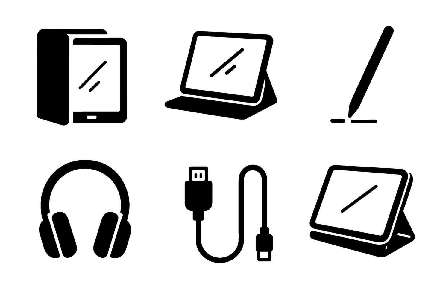 Tablet computer and accessories icon set. black symbols of mobile devices vector