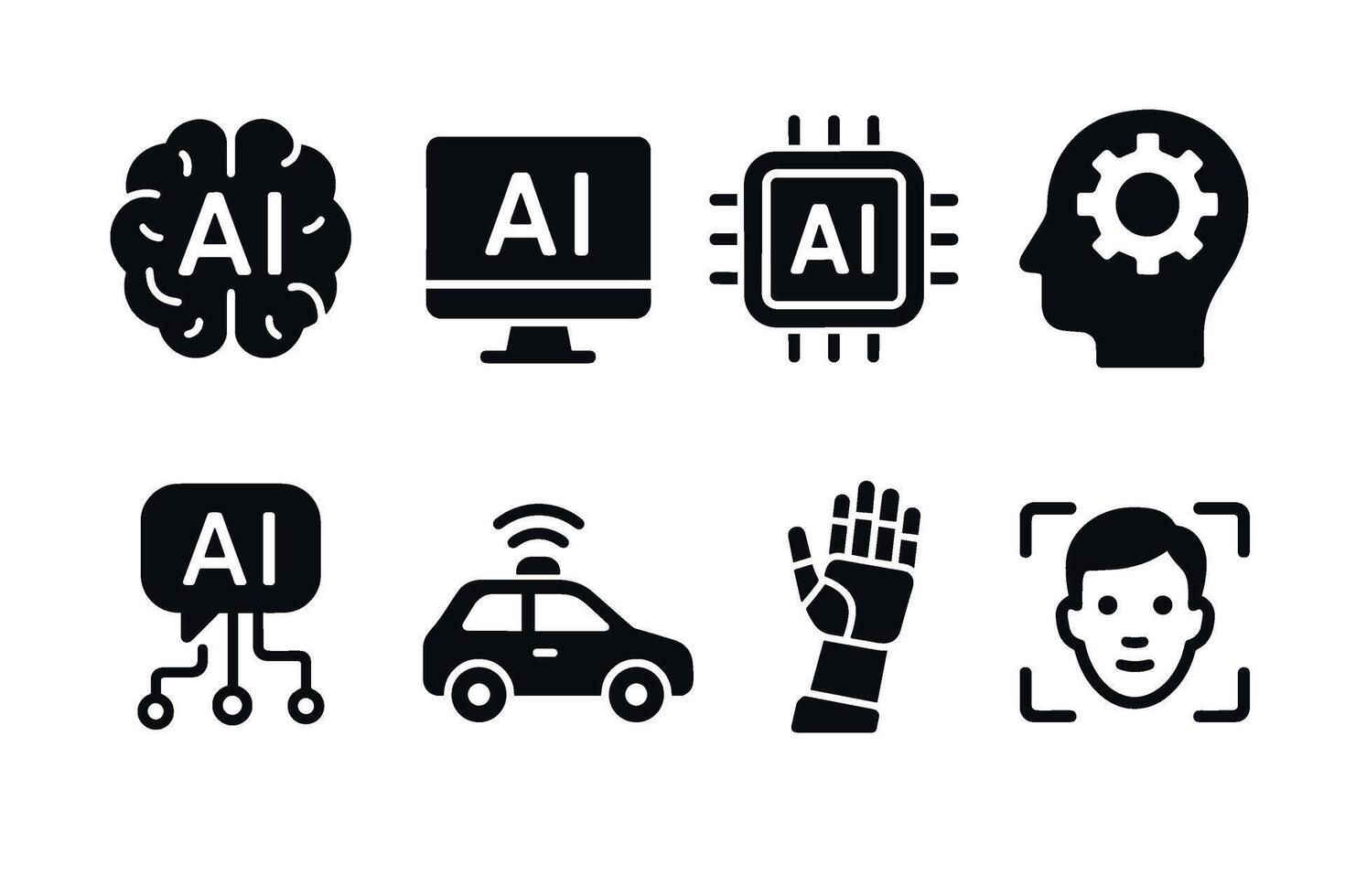 Artificial intelligence AI and future technology icon set. black symbols of robotics and machine learning vector