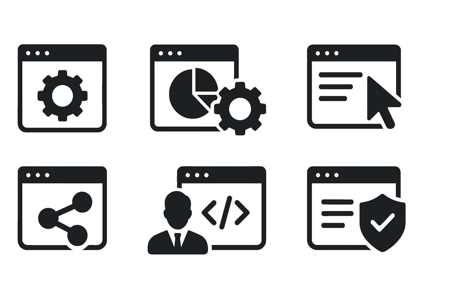 Web Development Icon Set. black software symbols of coding, browser, app interface, security, and data management glyph illustrations vector