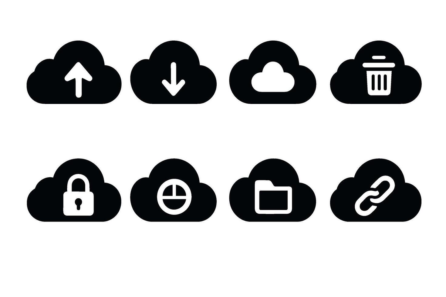 Cloud Storage Icon Set. black technology symbols of upload, download, folder, link, delete, lock, and sharing glyph illustrations vector