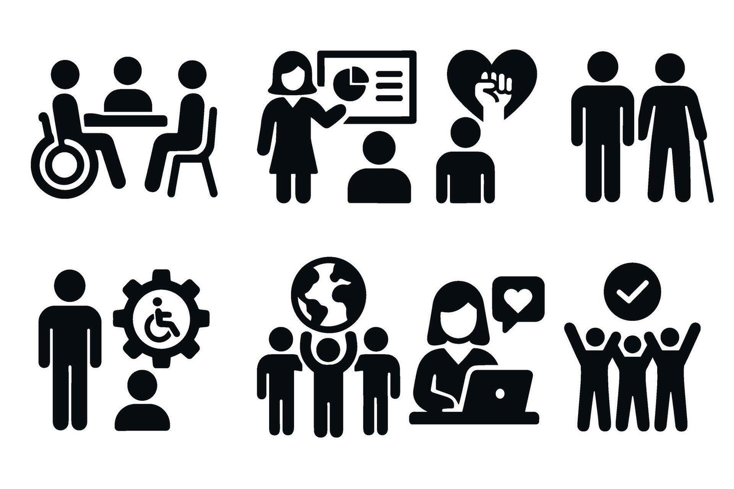 Inclusion and diversity in the workplace icon set. black symbols of an inclusive community vector
