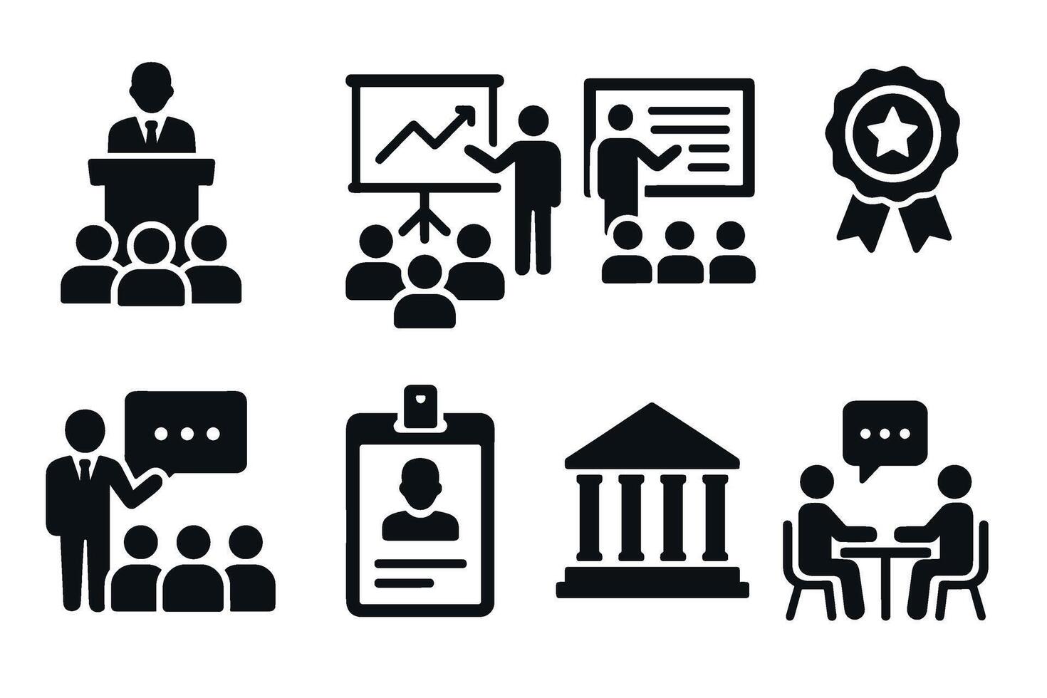 Education and Training Icon Set. black academic symbols of lecture, seminar, certificate, university, and workshop illustrations vector
