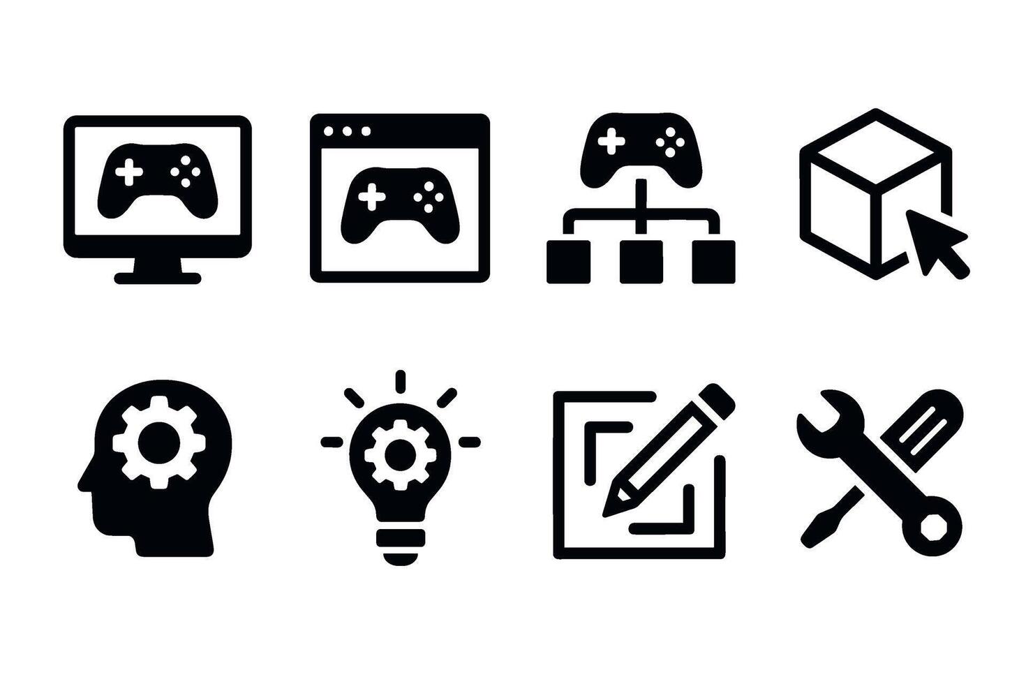 Game development icon set. black symbols of game creation and design vector