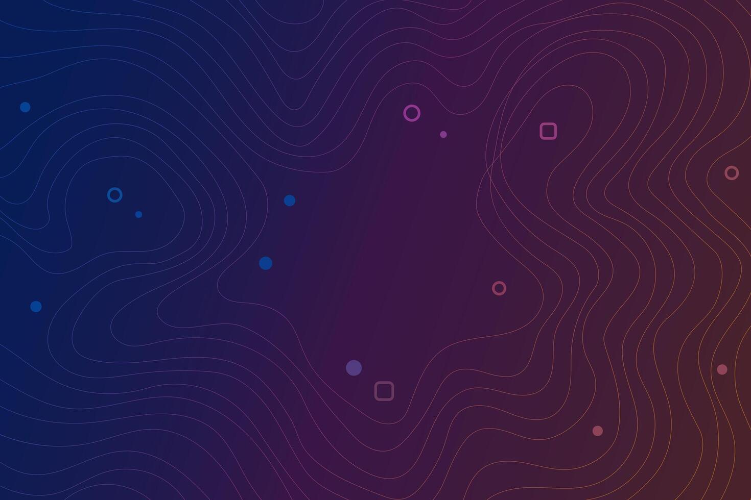 Illustration of topographic map with neon gradient and abstract elements. Futuristic wavy contour lines on dark gradient technology background vector