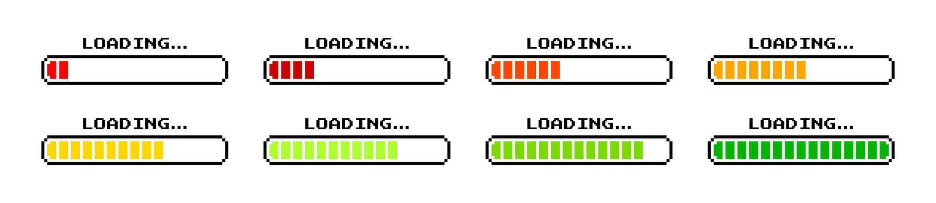 Pixelated loading bar icons representing progress stages vector