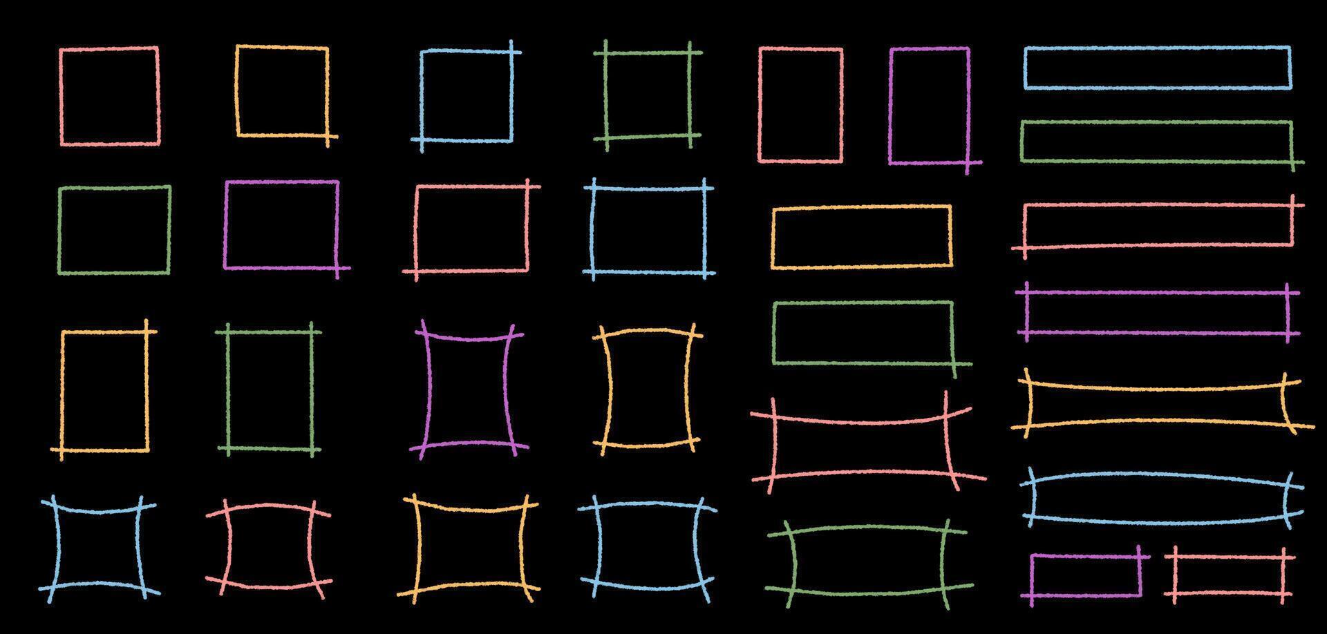 Crayon chalk rectangle frame set with pastel square outline and border style. Quote background in hand drawn sketch texture, playful element for creative card or message template. vector