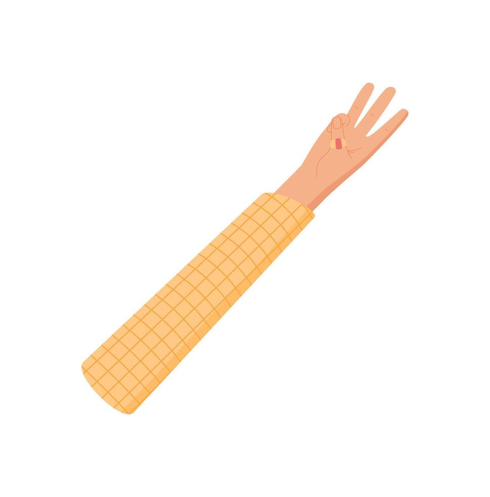 Cartoon style hand gesture with three fingers. Hand with raised fingers and visible palm expresses the number three. Wrist connected to an arm a yellow checkered sleeve. Flat visual design, ideal for vector