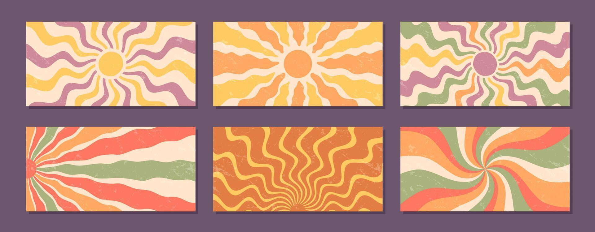 Retro sun burst spiral with groovy wave style set. Sunshine and orange yellow burst create a y2k swirl pattern, horizontal background and grunge set add artistic grungy texture. vector