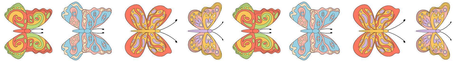 Groovy retro butterfly seamless border pattern in colorful spring style. Funky butterflies line up in a trendy y2k arrangement, creating a playful border for graphic pattern use or wallpaper art. vector