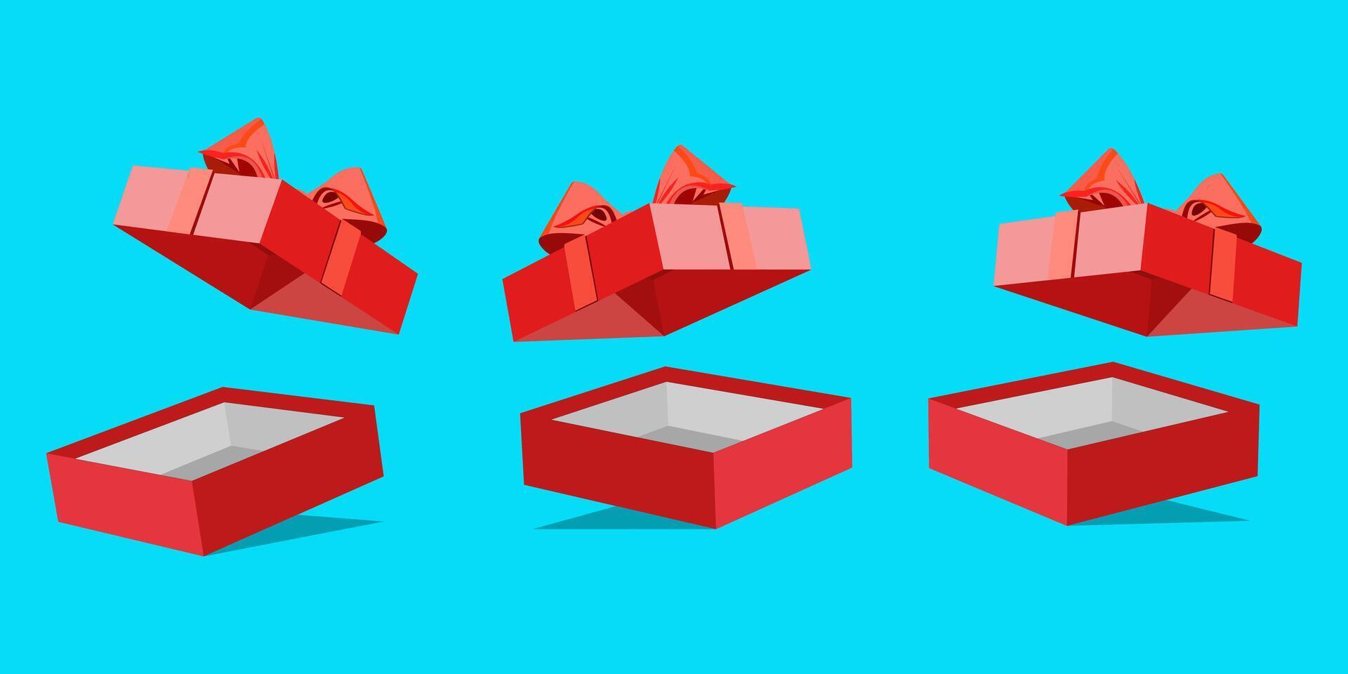 Set of red gift boxes with open lids and bows on a blue background. vector