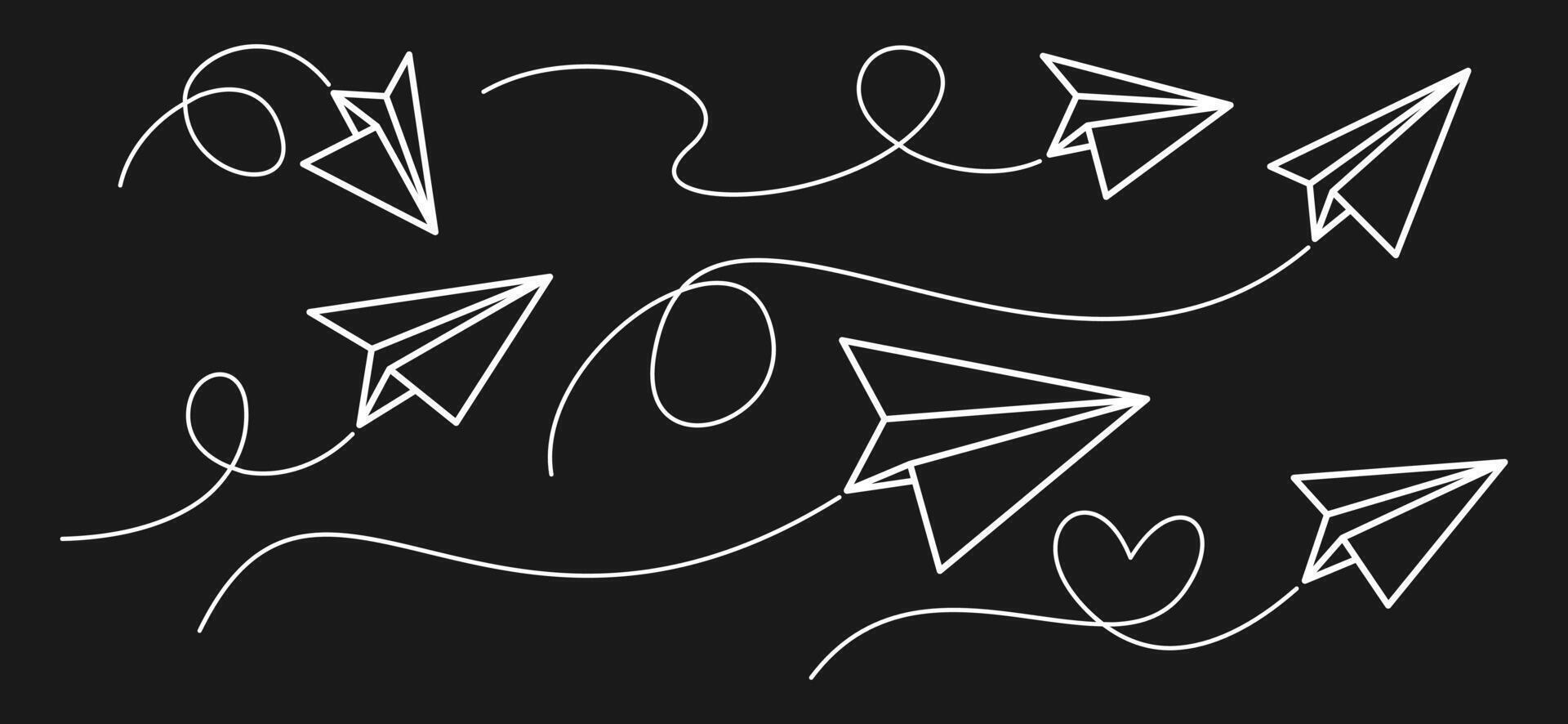 Set of doodle paper planes flying on a linear winding path, message and travel concept vector