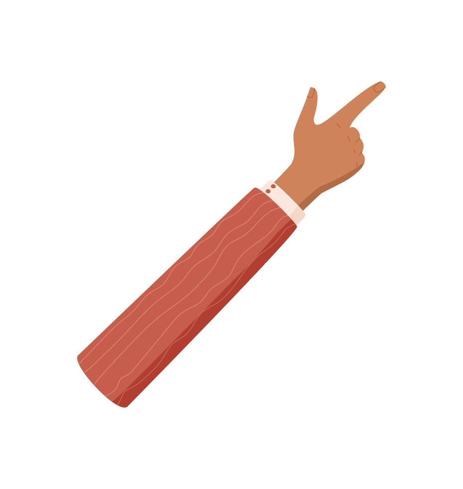 Flat cartoon hand gesture. Black skin tone hand shows number two with raised thumb and index fingers. Arm in red sleeve creates finger pointing sign to count or indicate, isolated style graphic vector