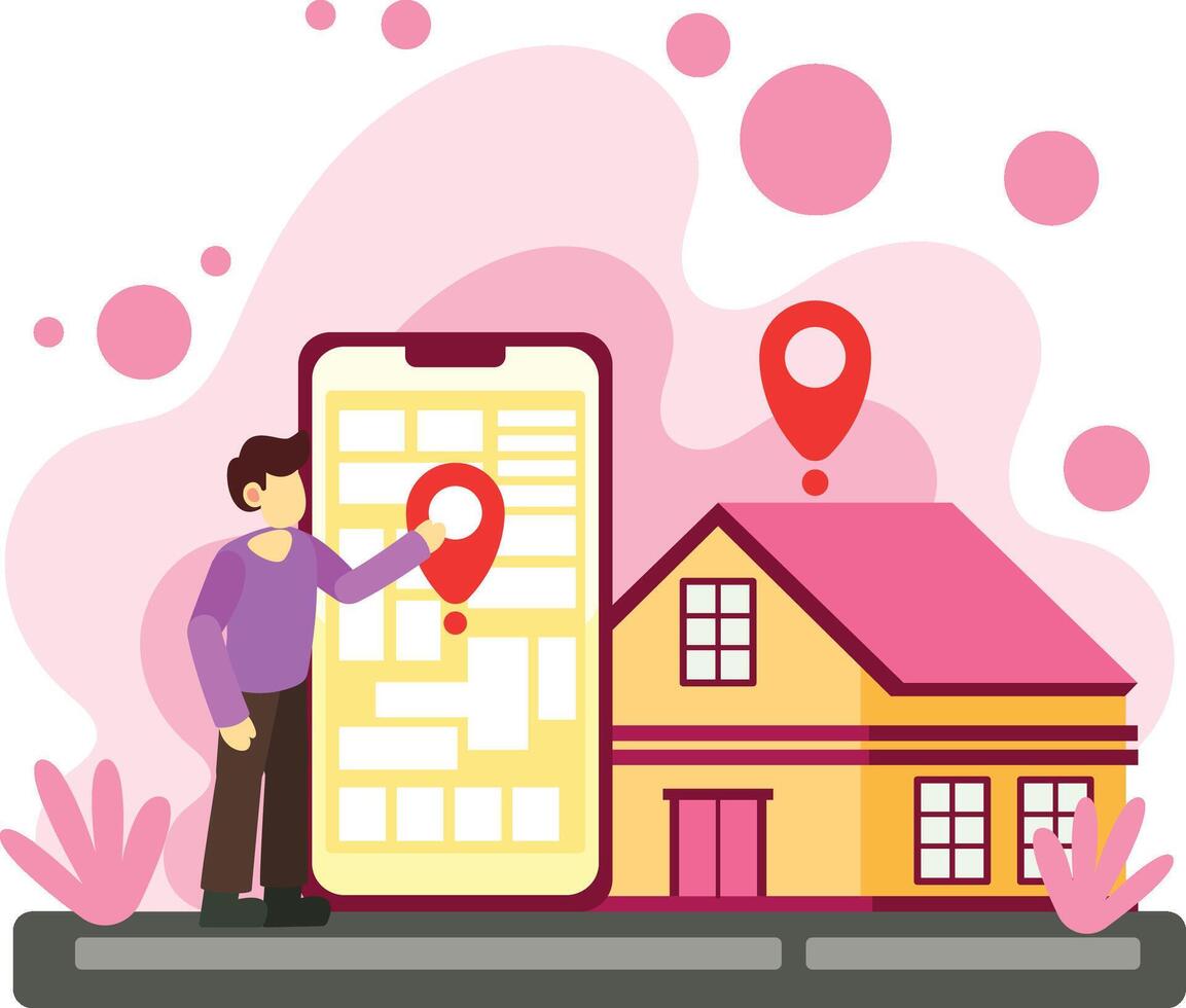 Man using mobile map navigation near house illustration vector