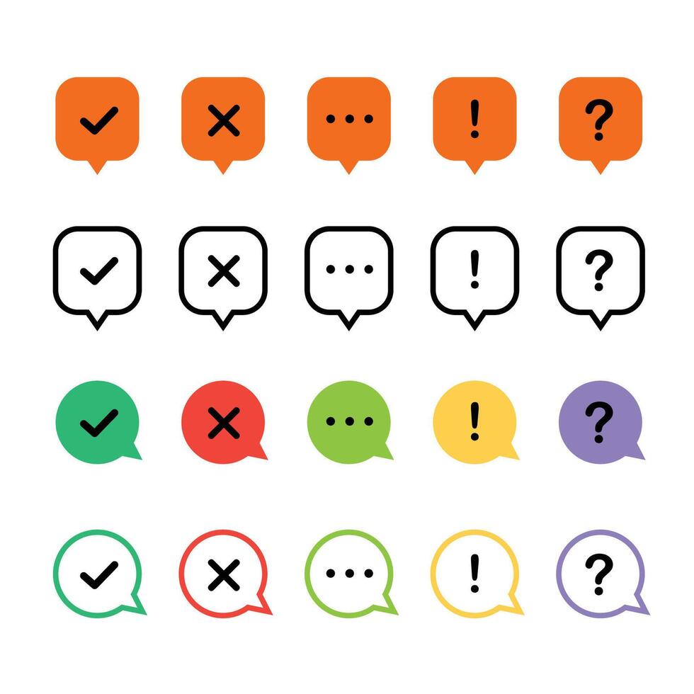 Icon set of check mark, information icon, chat, cross, question mark, exclamation point, FAQ sign. Tick, question, information vector