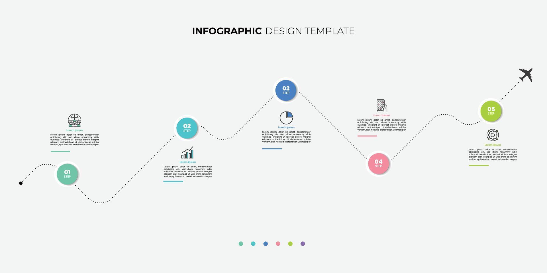 Modern Infographic design template. Timeline concept with 5 steps. Can be used for workflow layout, diagram, banner, web design. Journey infographic plane vector