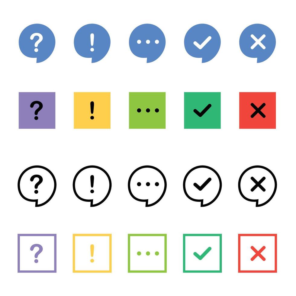 Icon set of check mark, information icon, chat, cross, question mark, exclamation point, FAQ sign. Tick, question, information and answers mark vector