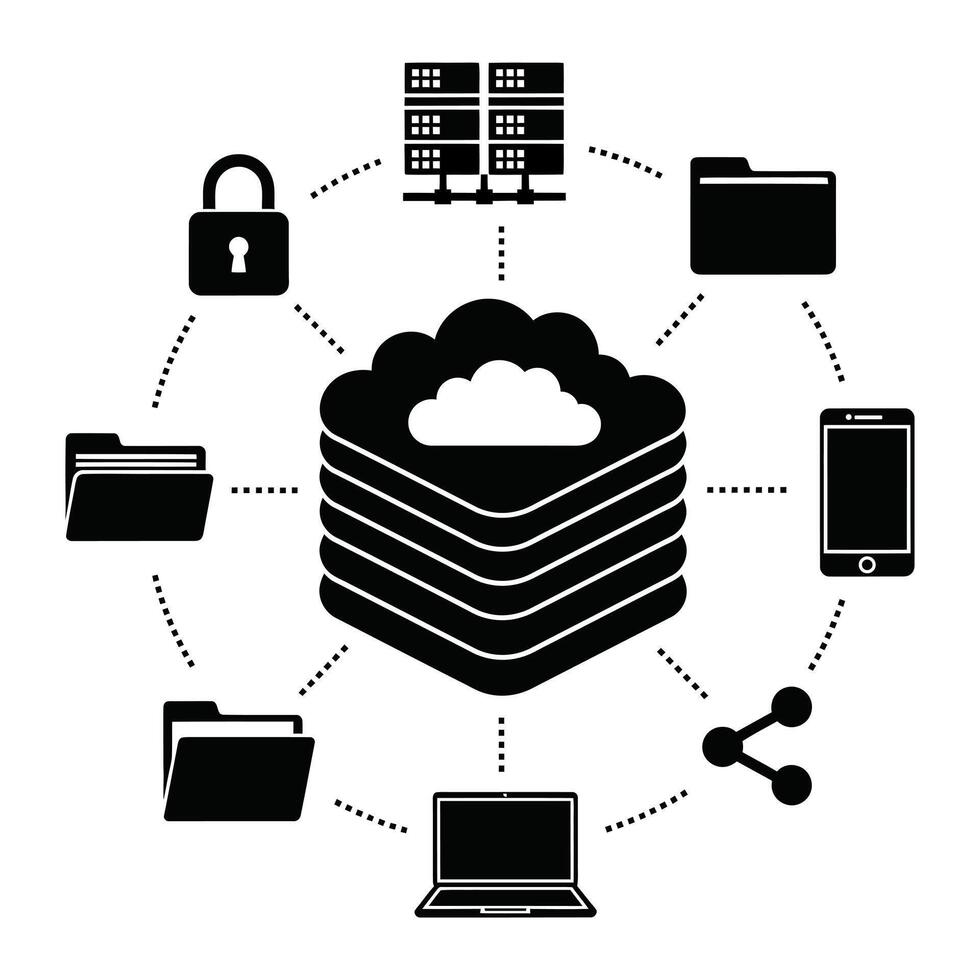 Cloud computing network diagram with data storage and security icons isolated on white background vector
