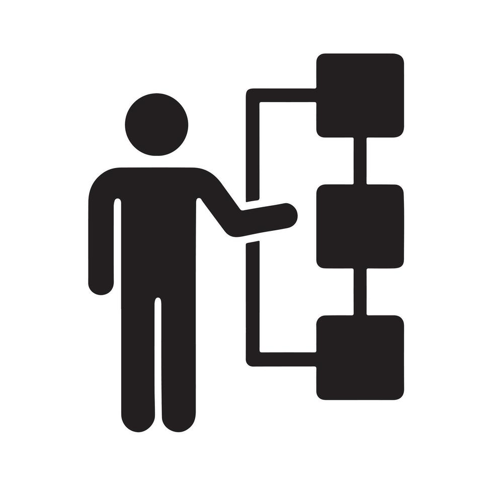 Man icon pointing to process flowchart steps strategy planning business organization. vector