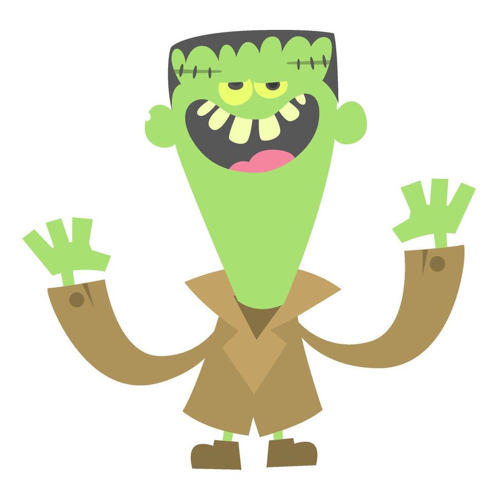 Frankenstein cartoon character with hands up and eyes open vector