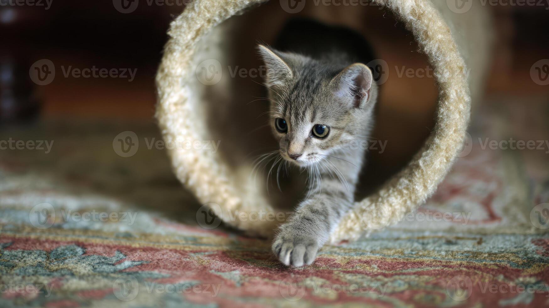 Curious kitten emerges from tunnel on patterned carpet in soft indoor lighting photo