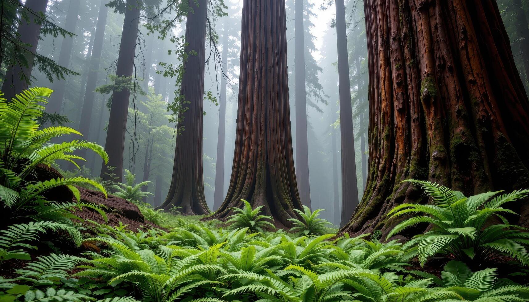 ferns carpet the forest floor beneath massive redwoods, mist drifting softly through the ancient grove. photo