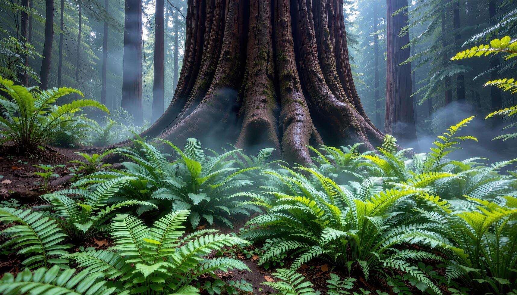 ferns grow in quiet clusters around massive redwood trunks, mist curling softly in the morning light. photo