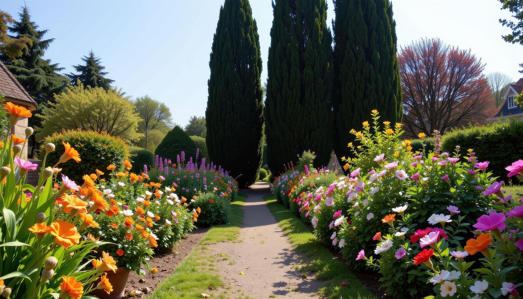 a scenic garden path with multicolored blooms and tall trees, sunlight creating gentle patterns on ground. photo
