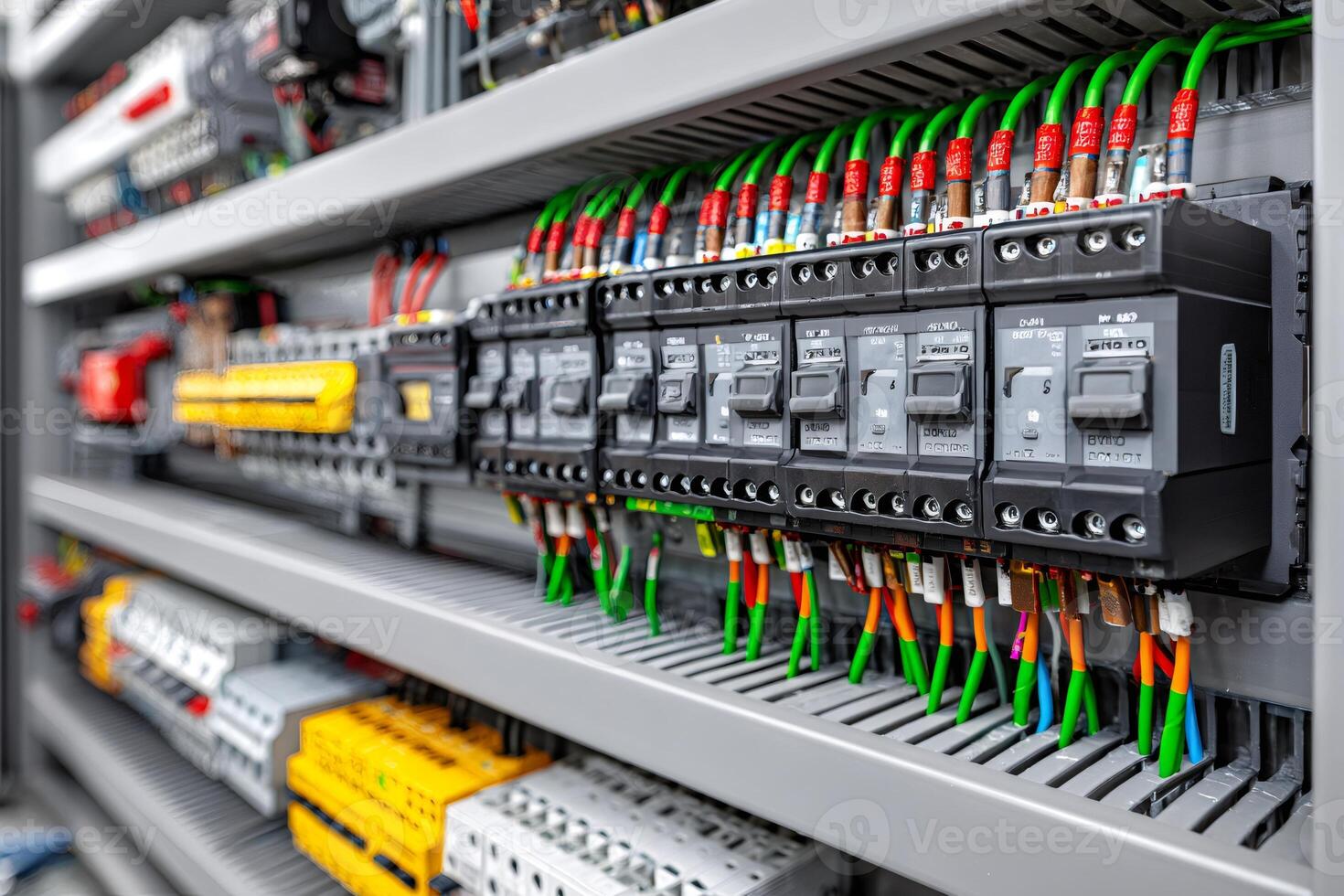 Electrical cabinet showing colorful wires and circuit breakers in data center... photo