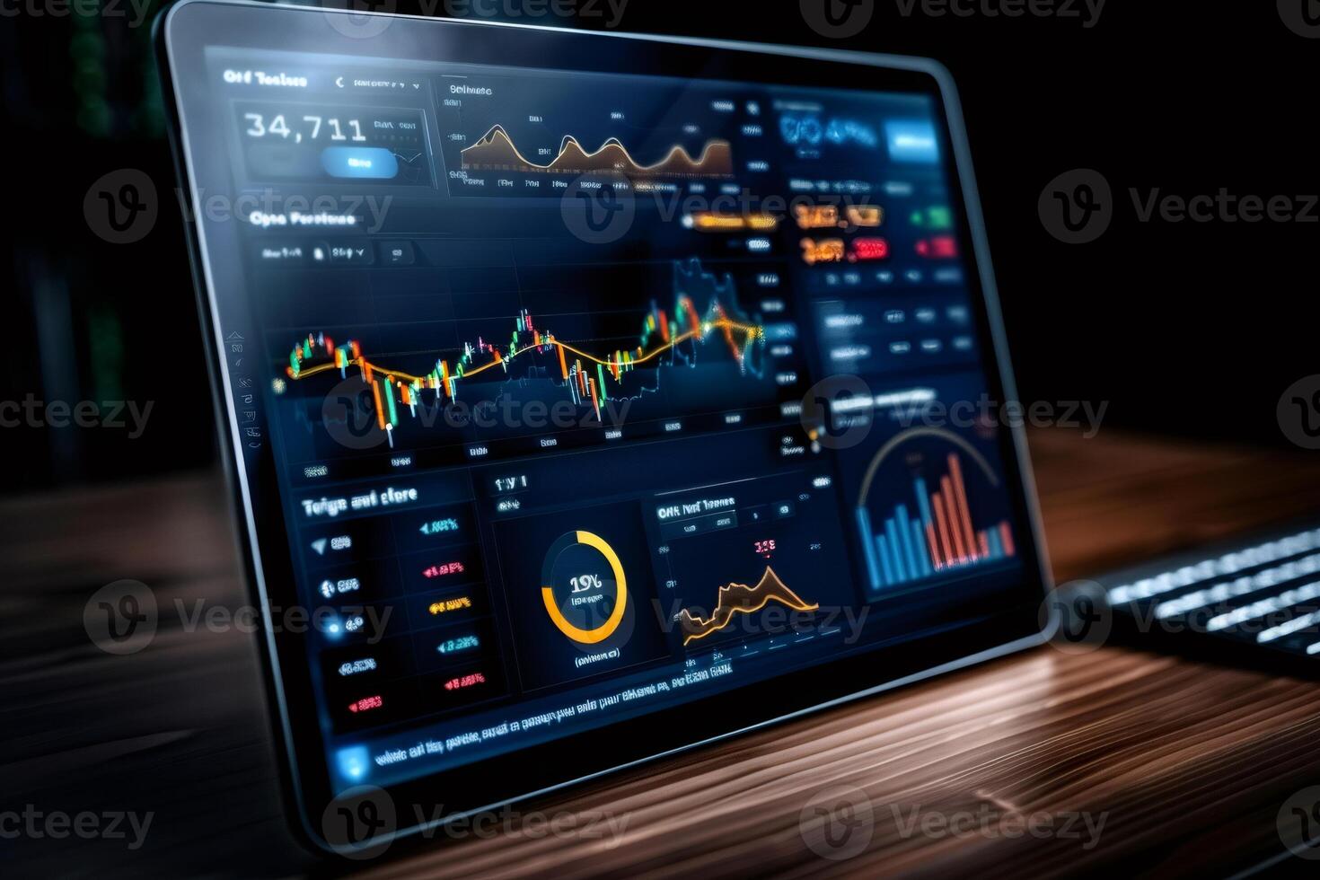 Tablet displaying financial data analysis graphs and charts photo