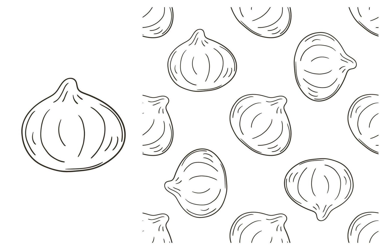 A pattern of garlic cloves and a line drawing of a bulb vector