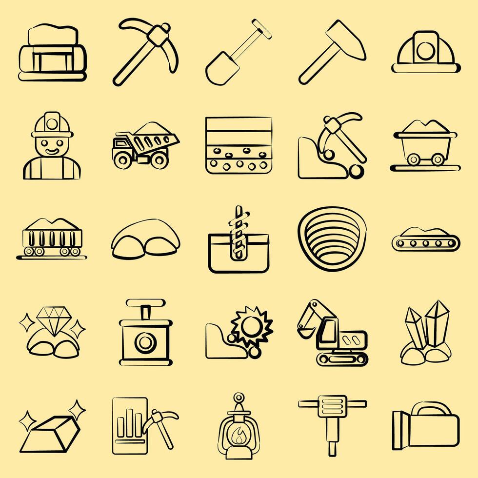 Icon set of mining. Gold mining elements. Icon in hand drawn style. vector
