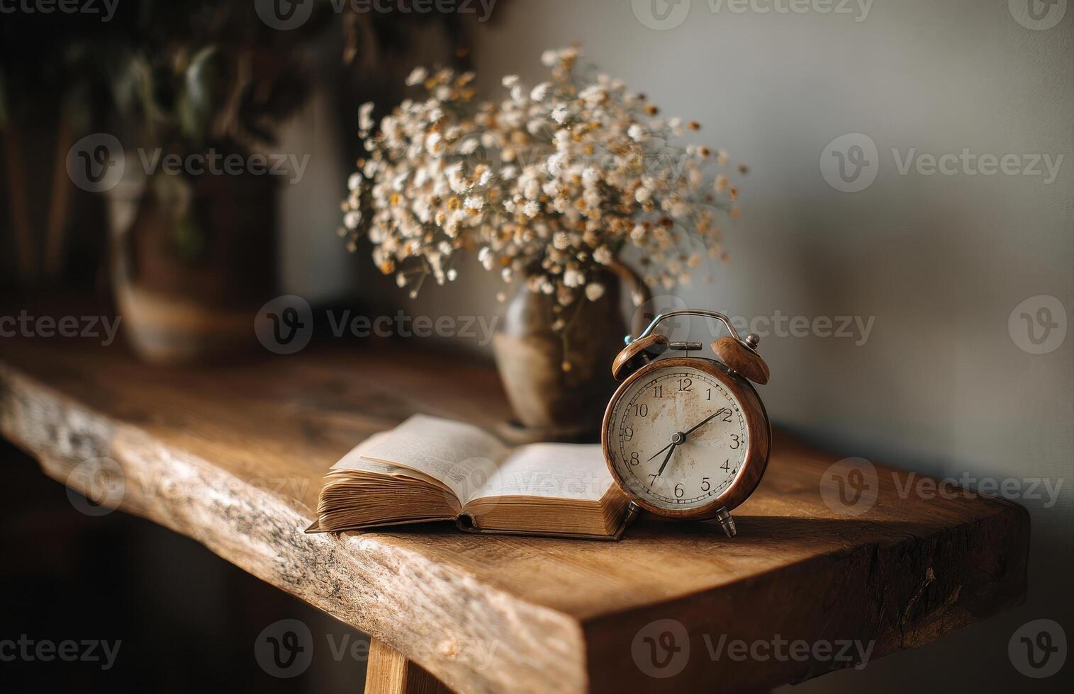 Open book and vintage alarm clock resting on rustic wooden table photo